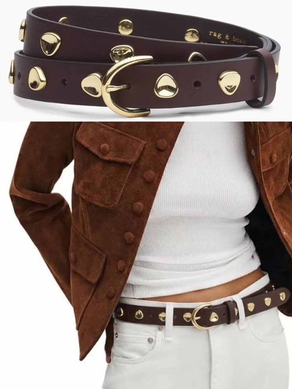 rag & bone Brynn Studded Leather Belt Dark Espresso Brown Gold Hardware
